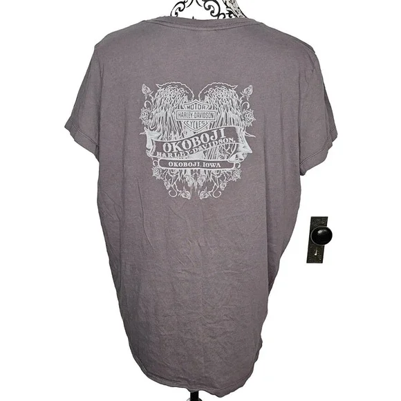Harley-Davidson T-Shirt Skull V Neck Gray Plus Size 2X Okoboji Iowa - Picture 3 of 8